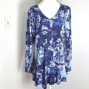 Isaac Mizrahi Shades of Blue Aysemetrical Tunic Top, Ruffled Hemline, Size Large